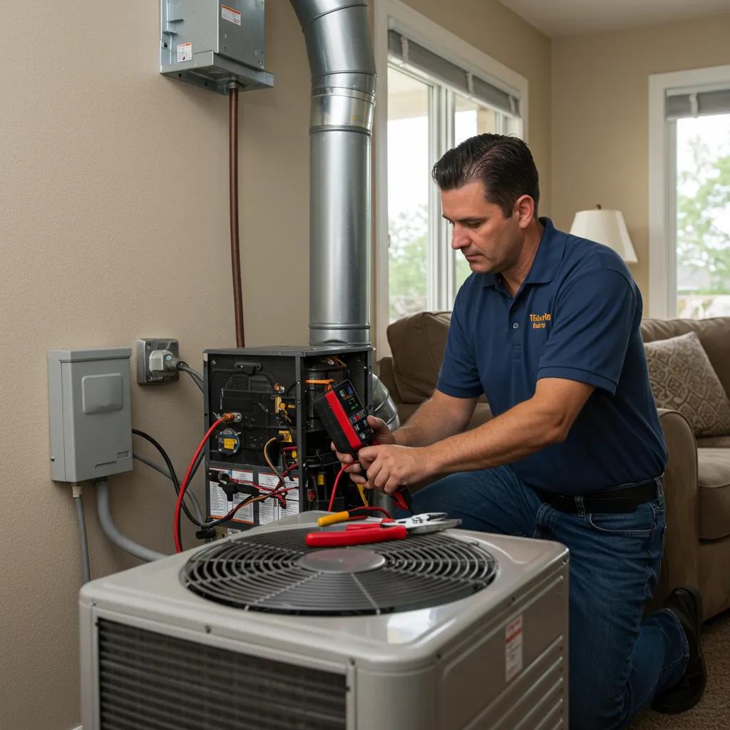 HVAC technician troubleshooting air conditioning system in a home