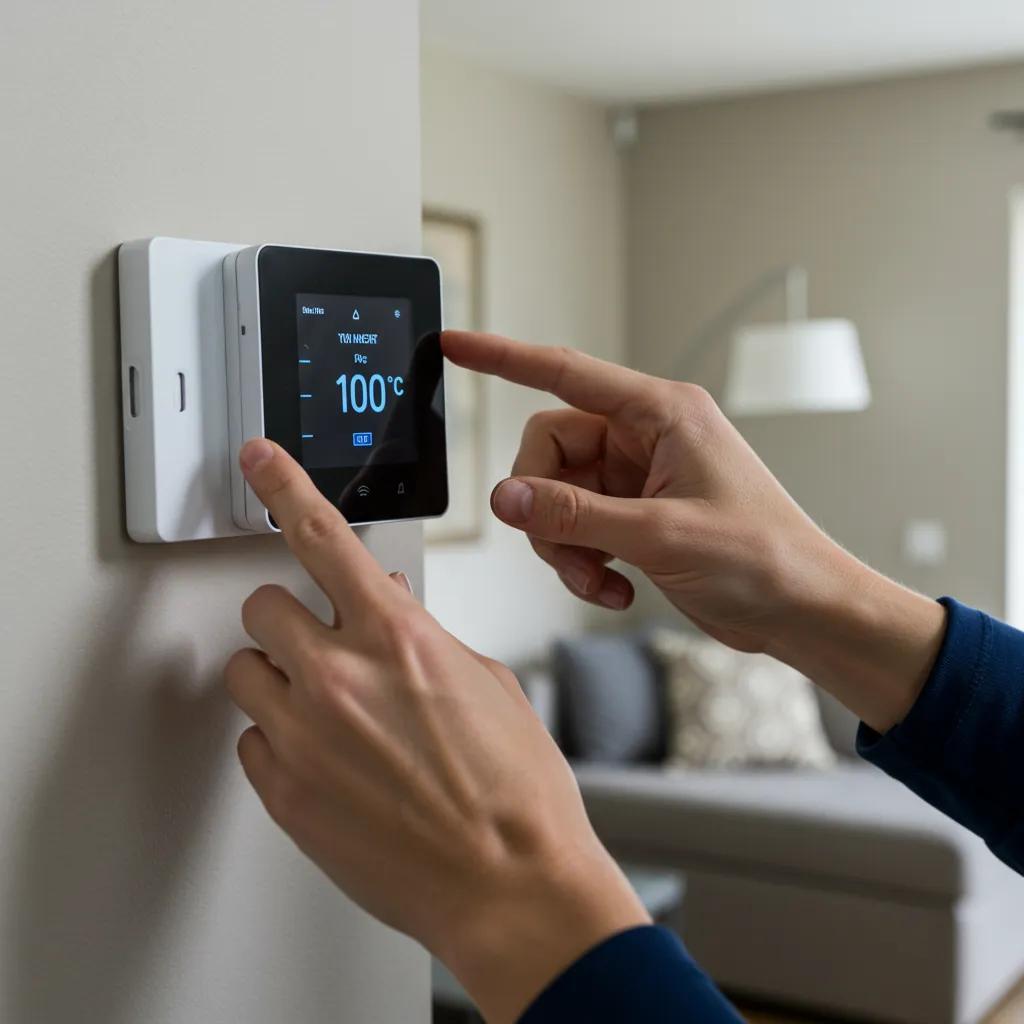 Technician adjusting smart thermostat in a living room
