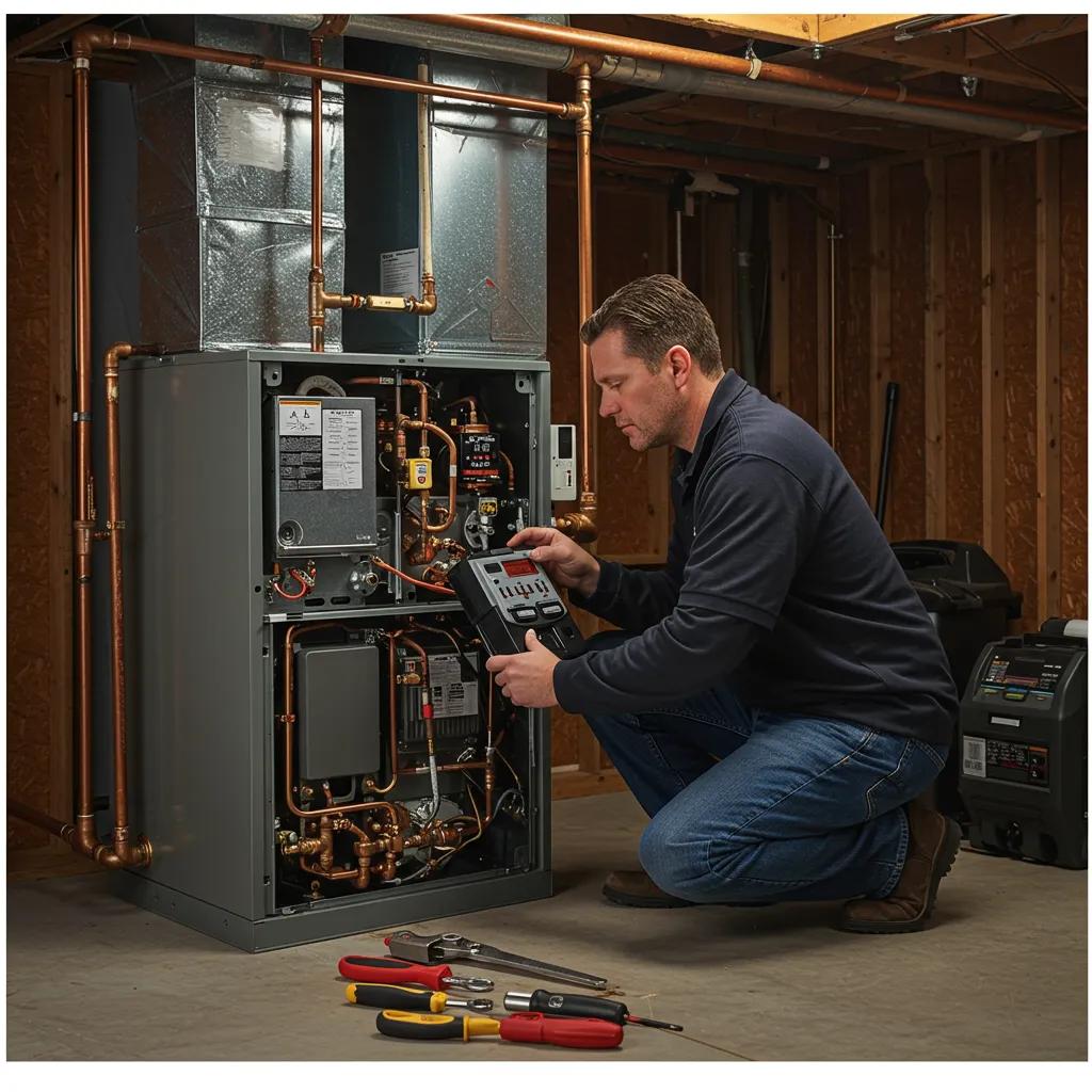 Technician inspecting furnace components for troubleshooting