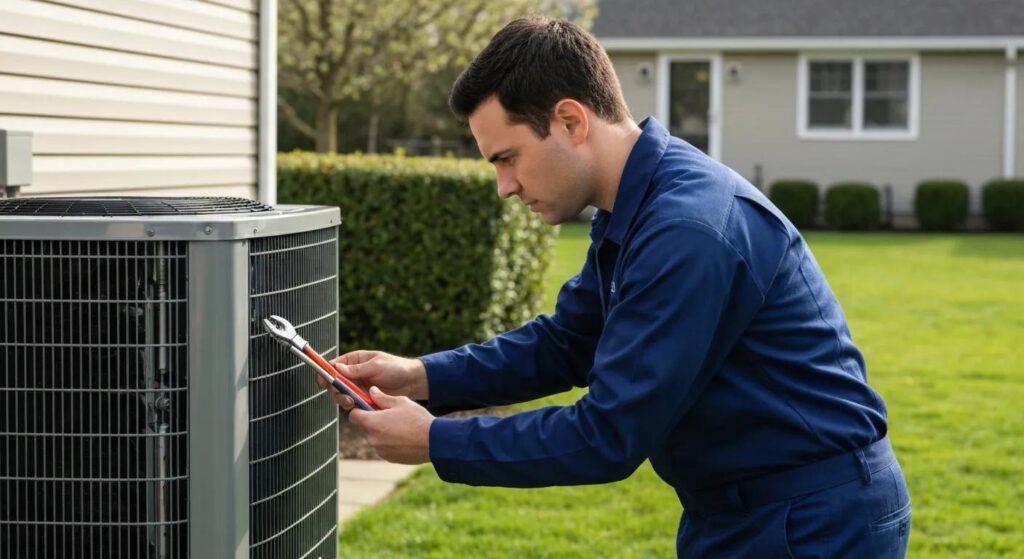 Technician performing spring HVAC tune-up on an outdoor unit