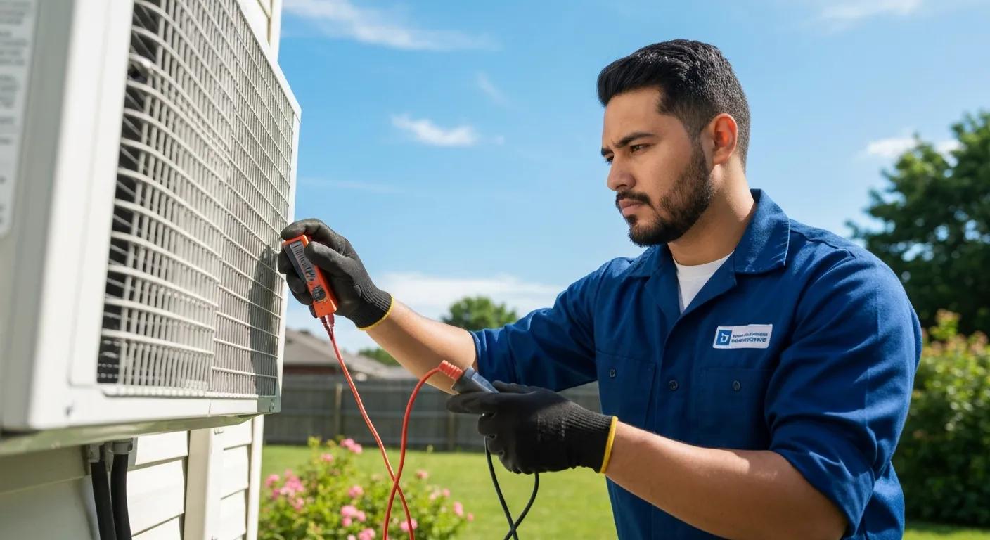 Technician performing seasonal HVAC maintenance on an air conditioning unit
