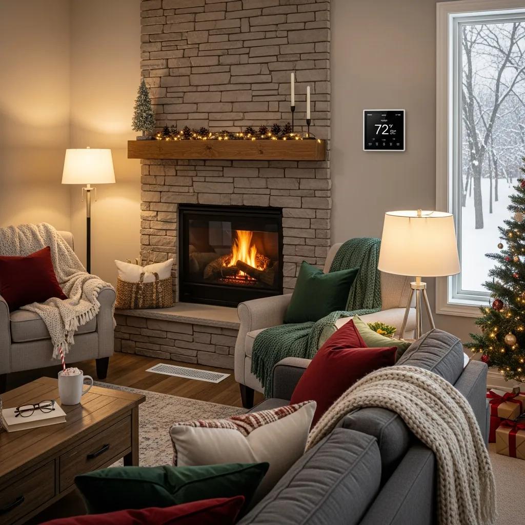 Cozy winter home interior with a well-maintained HVAC system and comfortable thermostat setting