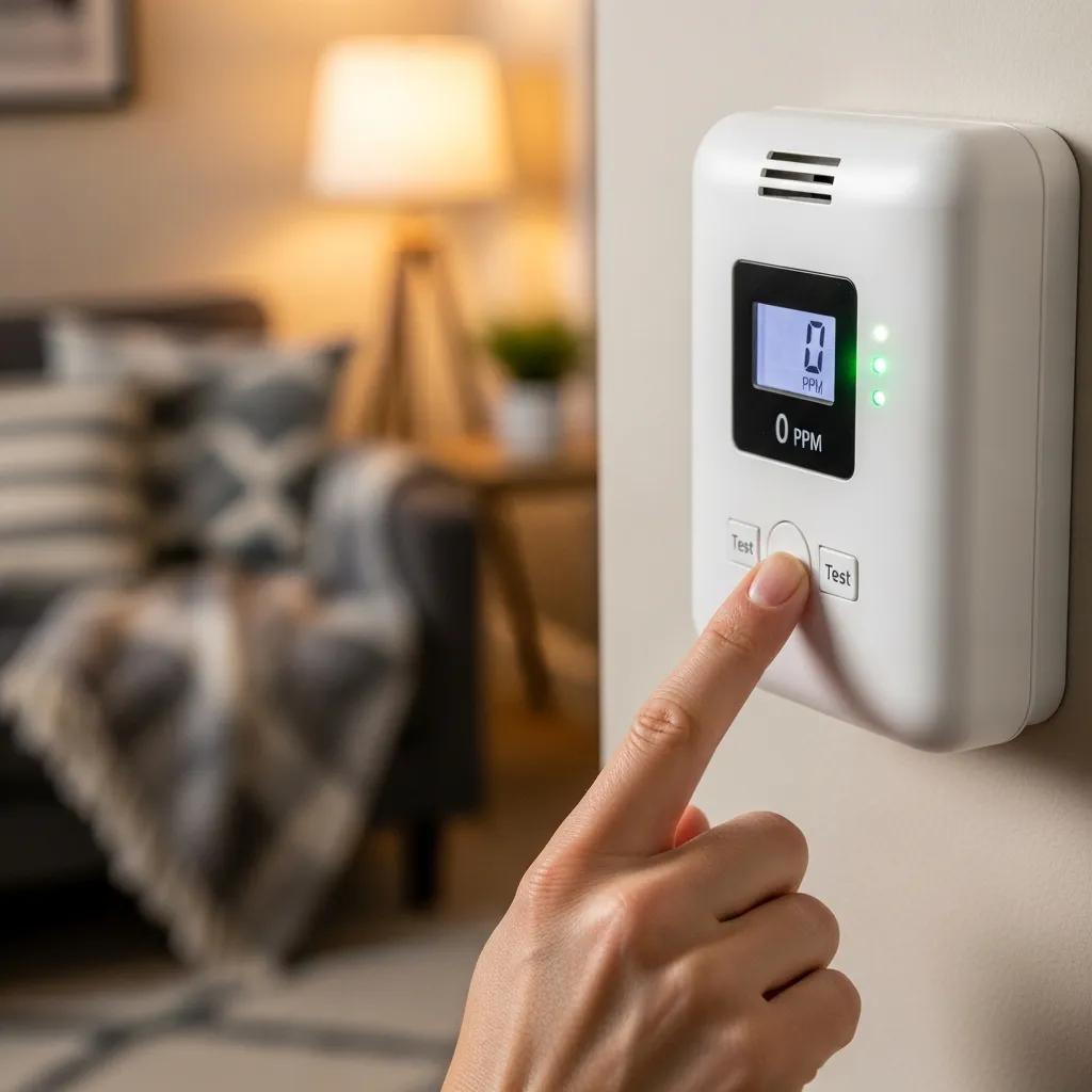 Prepare for Winter: Essential HVAC Tune-Up Tips 1 Homeowner testing a carbon monoxide detector as part of winter HVAC safety checks