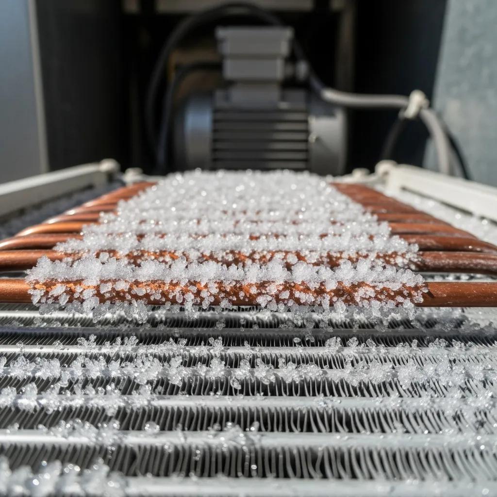 Frozen air conditioning coil with ice buildup, emphasizing HVAC maintenance needs
