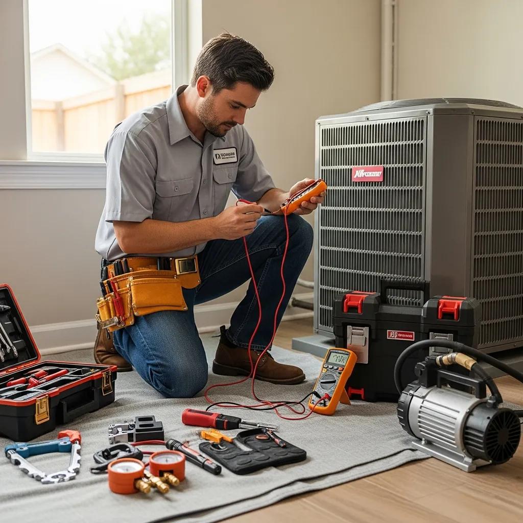 HVAC technician servicing an air conditioning unit in a Central Texas home