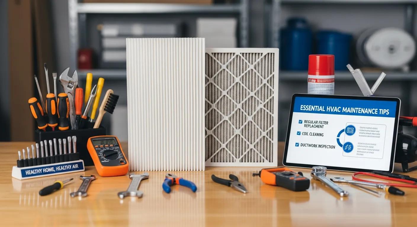 Why a Spring HVAC Tune-Up is Crucial for Your System 1 Clean air filters and HVAC tools on a workbench highlighting essential maintenance tips